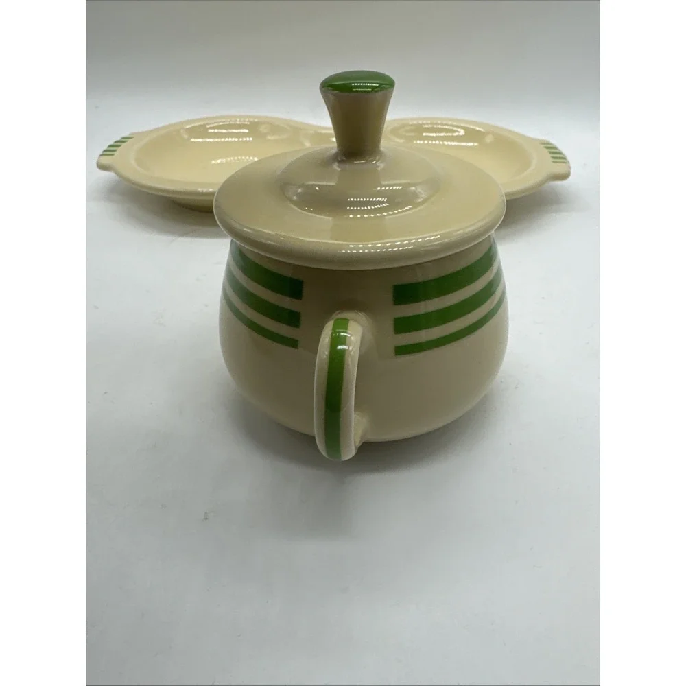Fiesta Ware HLCCA  Covered Sugar Bowl & Creamer Figure 8 Tray Green Stripe